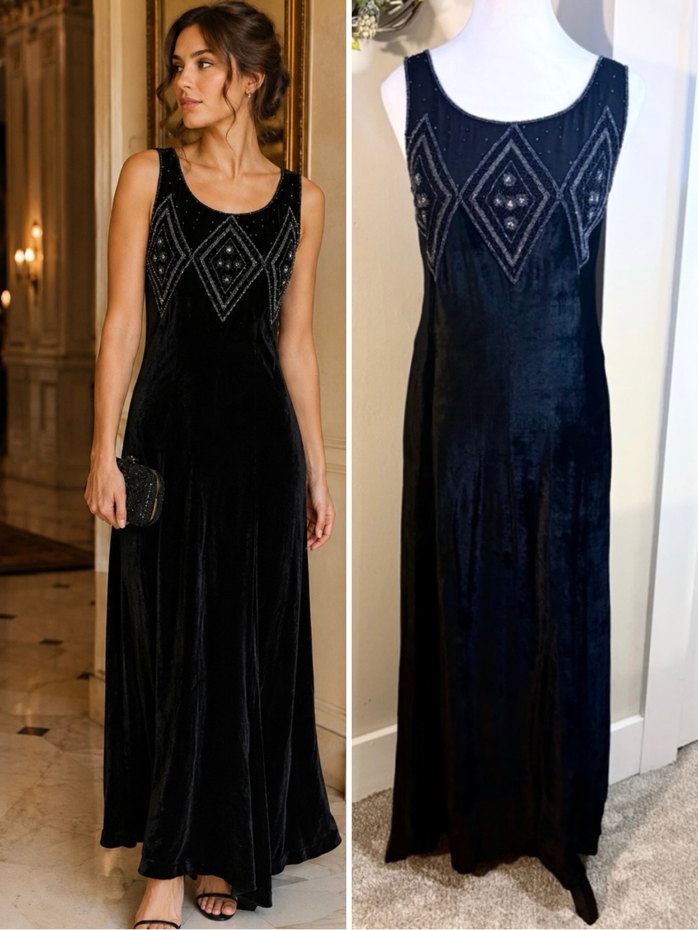 Vintage April Cornell Black Velvet Beaded Art Deco Maxi Dress Sz S
🧡